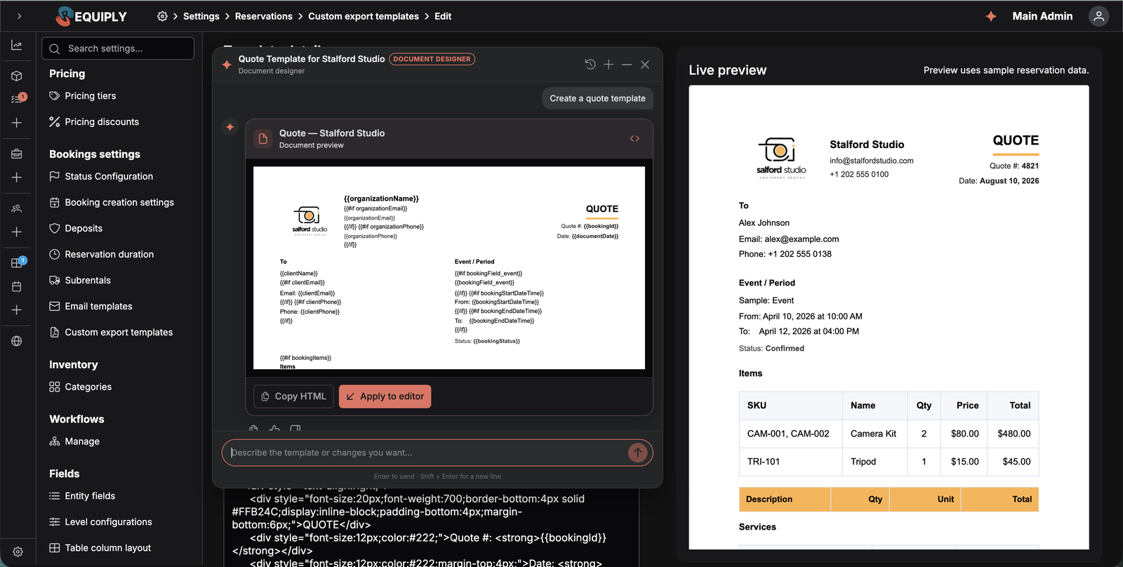 A generated document draft card in the assistant, with a rendered print preview, Copy HTML, and Apply to editor buttons