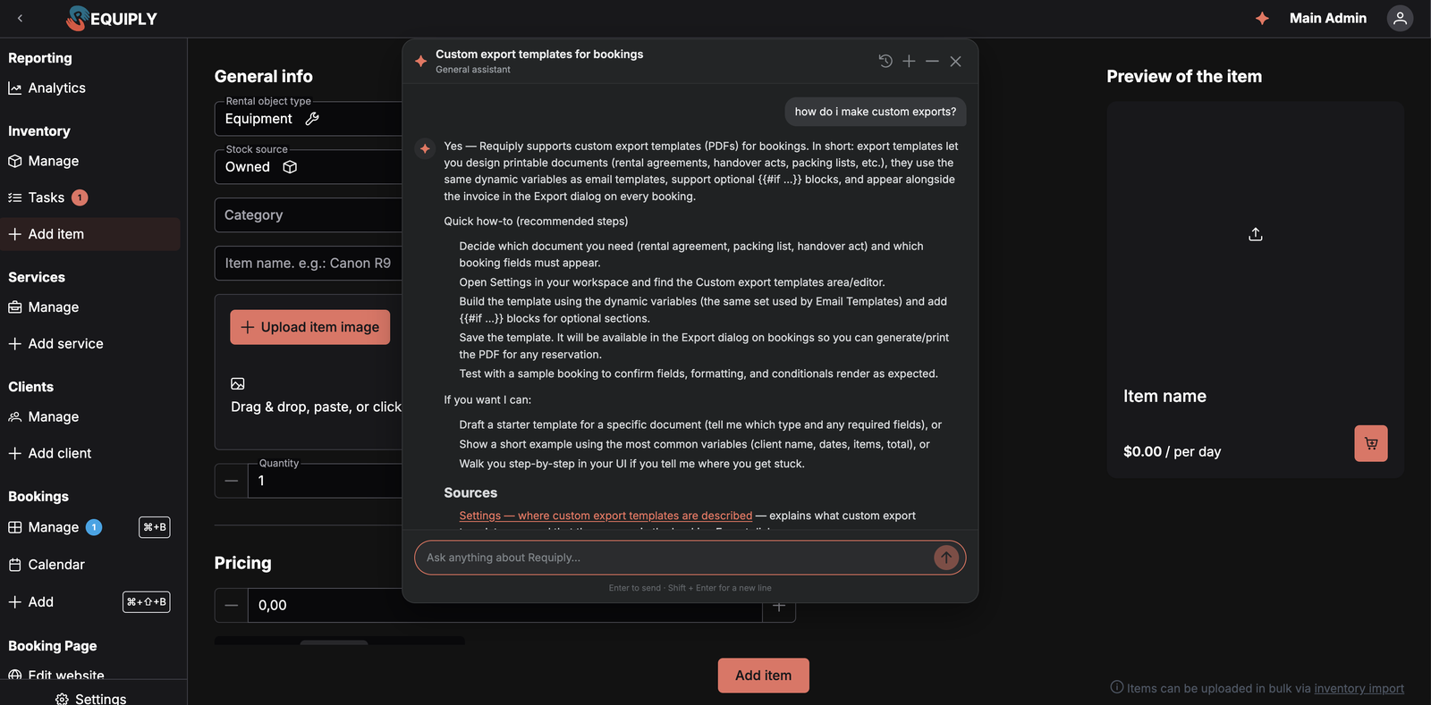 The Requiply Assistant panel floating over the Add item page, showing a documentation answer with a Sources section