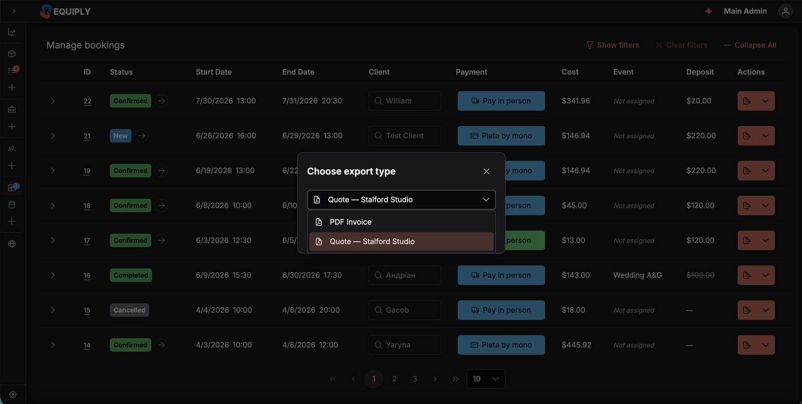 The Choose export type dialog on the bookings table, listing PDF Invoice and a custom document template