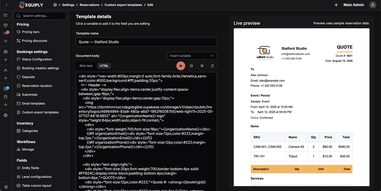 Requiply export template editor with the template name and HTML body on the left and a rendered document preview on the right