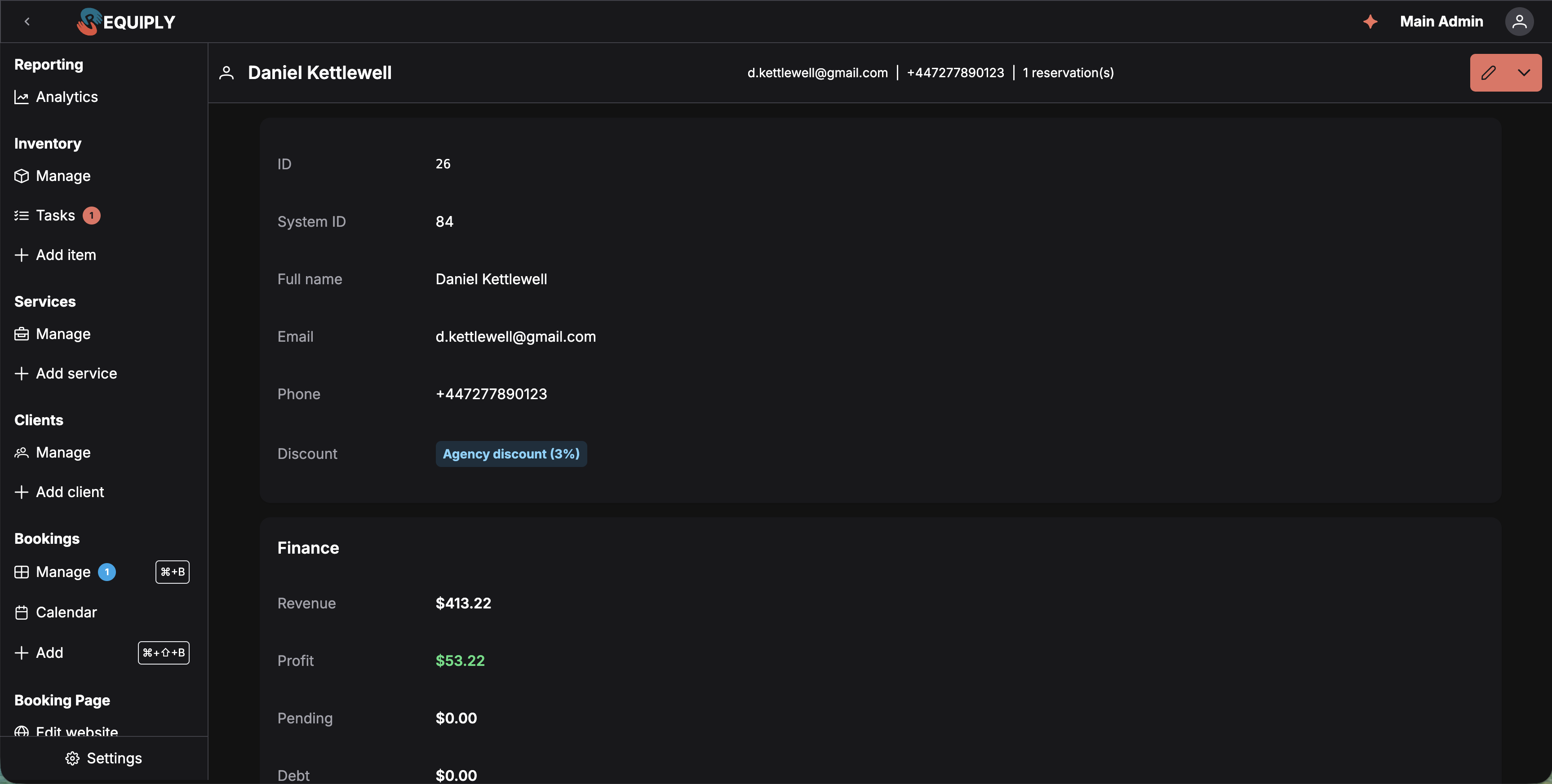 Requiply client details page with the toolbar, the Details card, and the top of the Finance card