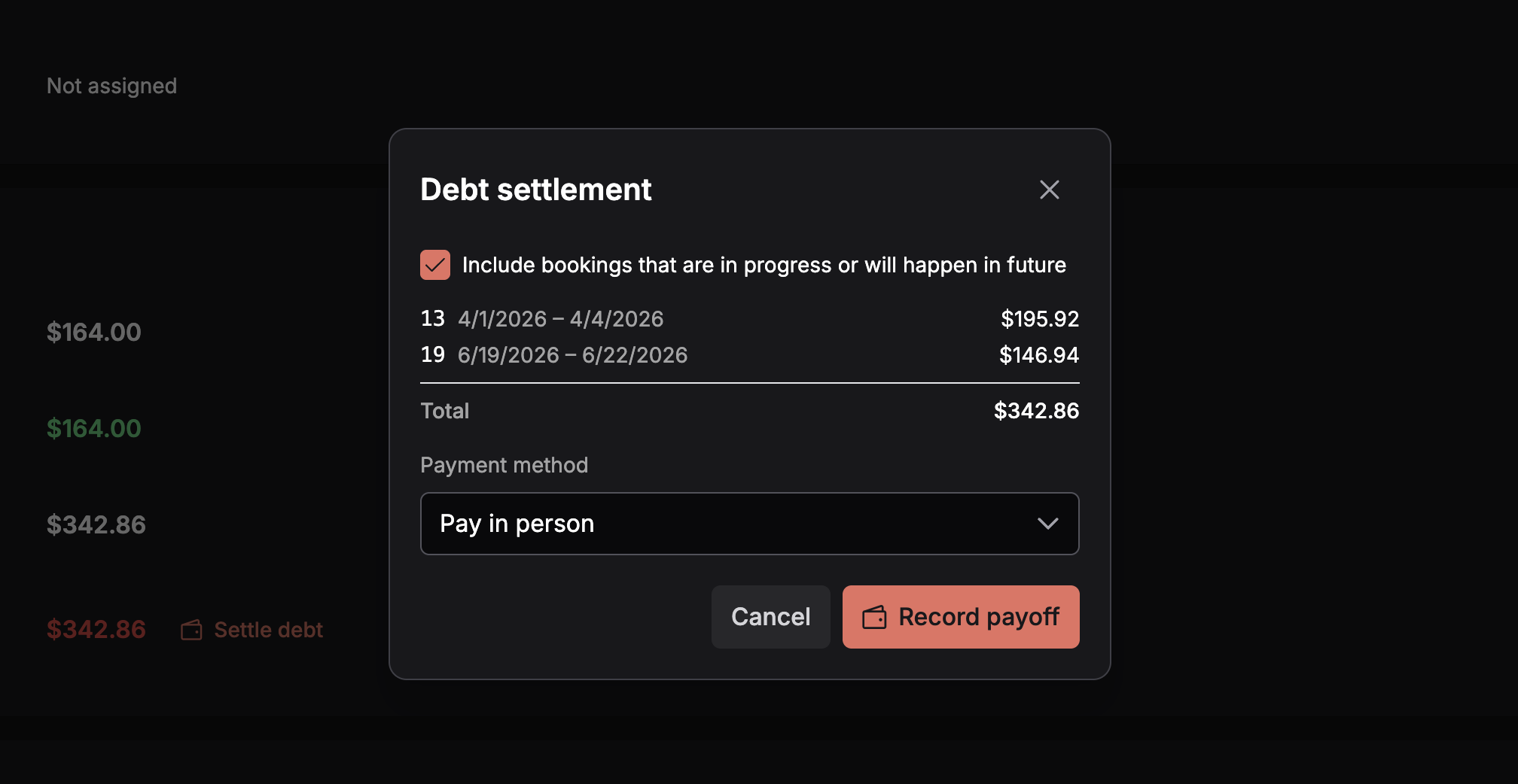 The Requiply debt settlement dialog listing each payable booking with its dates and amount, the upcoming-bookings checkbox, the total, and the payment method