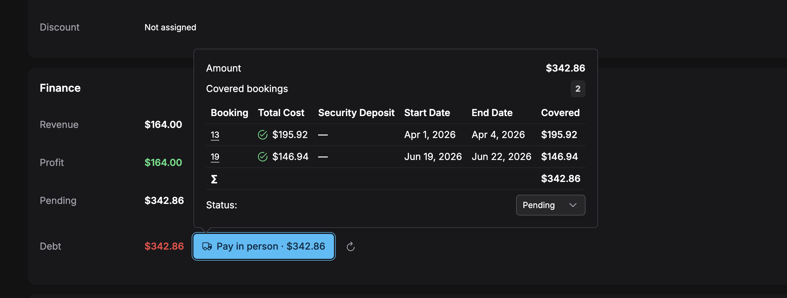 The Requiply debt payoff popover on the Finance card, listing the covered bookings, their totals and deposits, and the payoff status