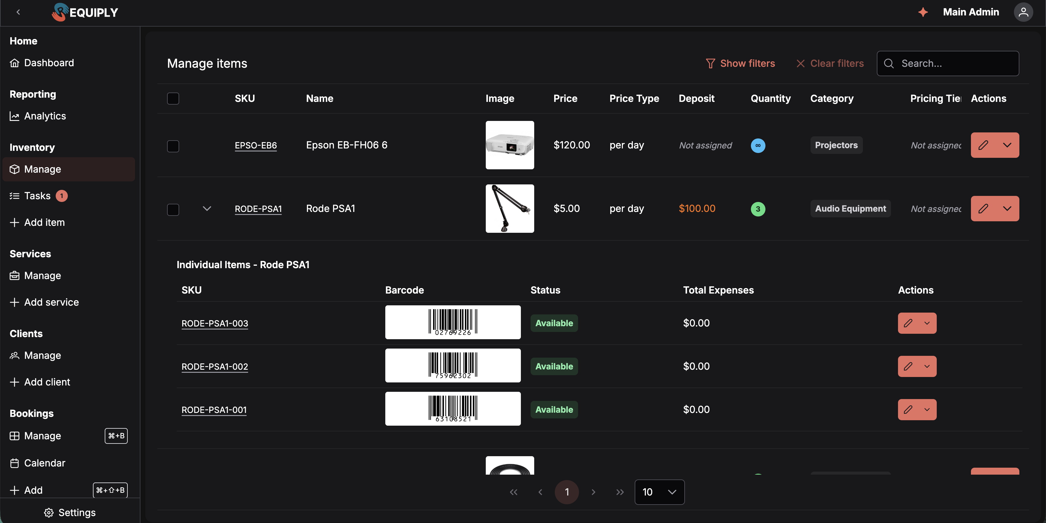 Manage items with a product expanded, each individual unit carrying its own scannable barcode alongside its SKU and status