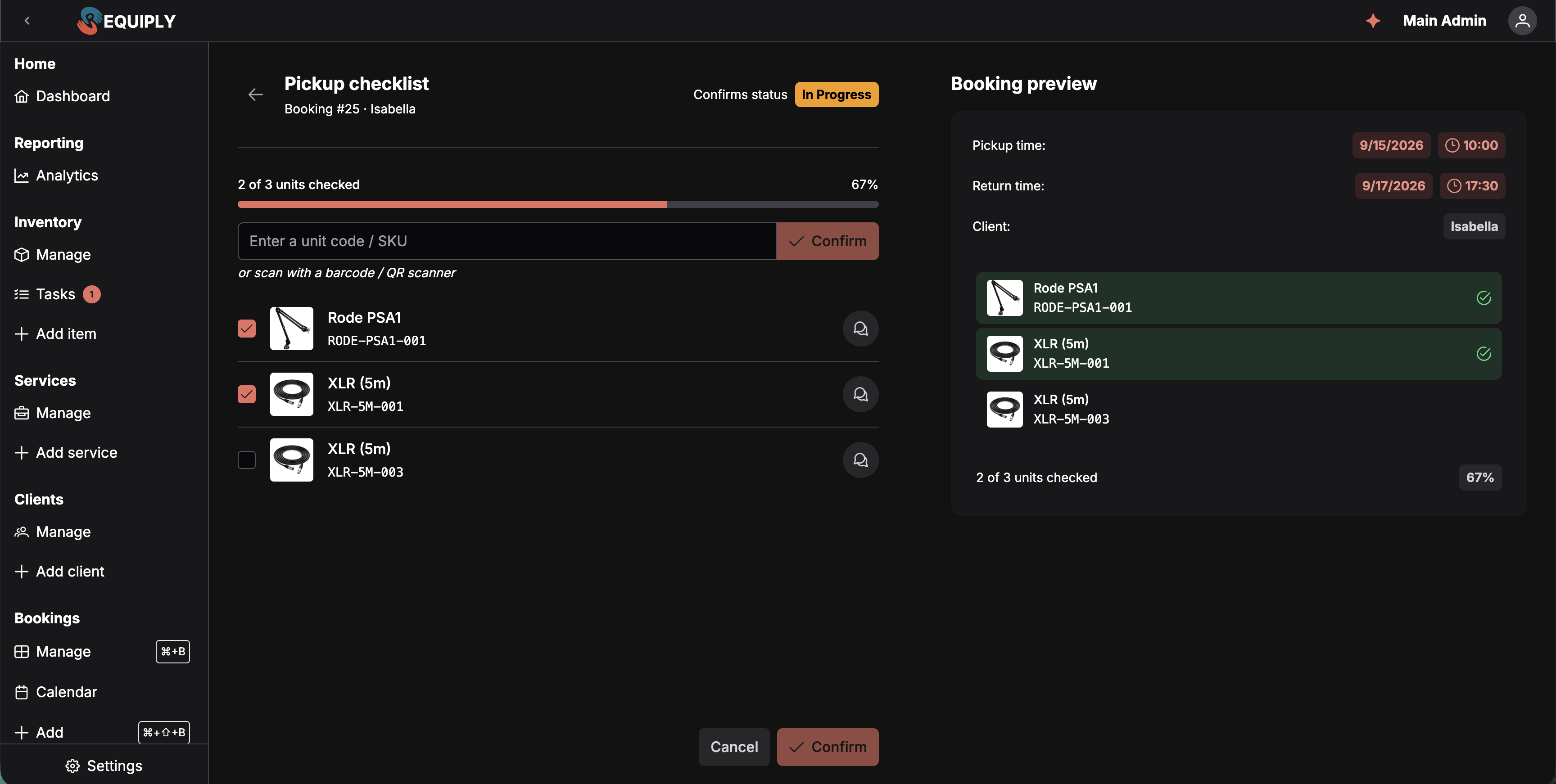 Pickup checklist reading 2 of 3 units checked, with a scan box above the unit rows and the booking preview highlighting confirmed units in green