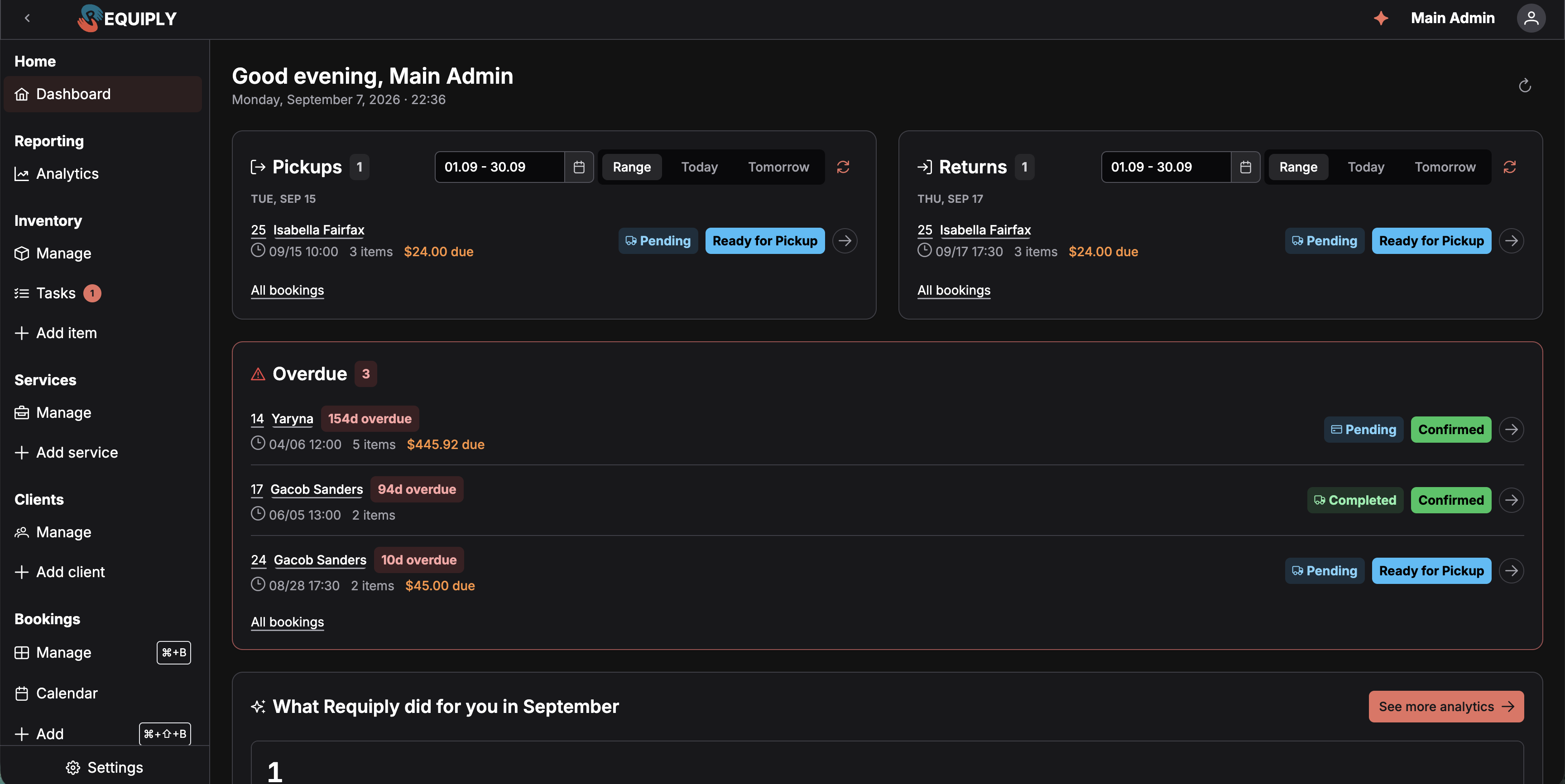 Requiply dashboard with Pickups and Returns side by side, each carrying a Range, Today and Tomorrow switch, an Overdue list with day counts, and the start of the monthly summary