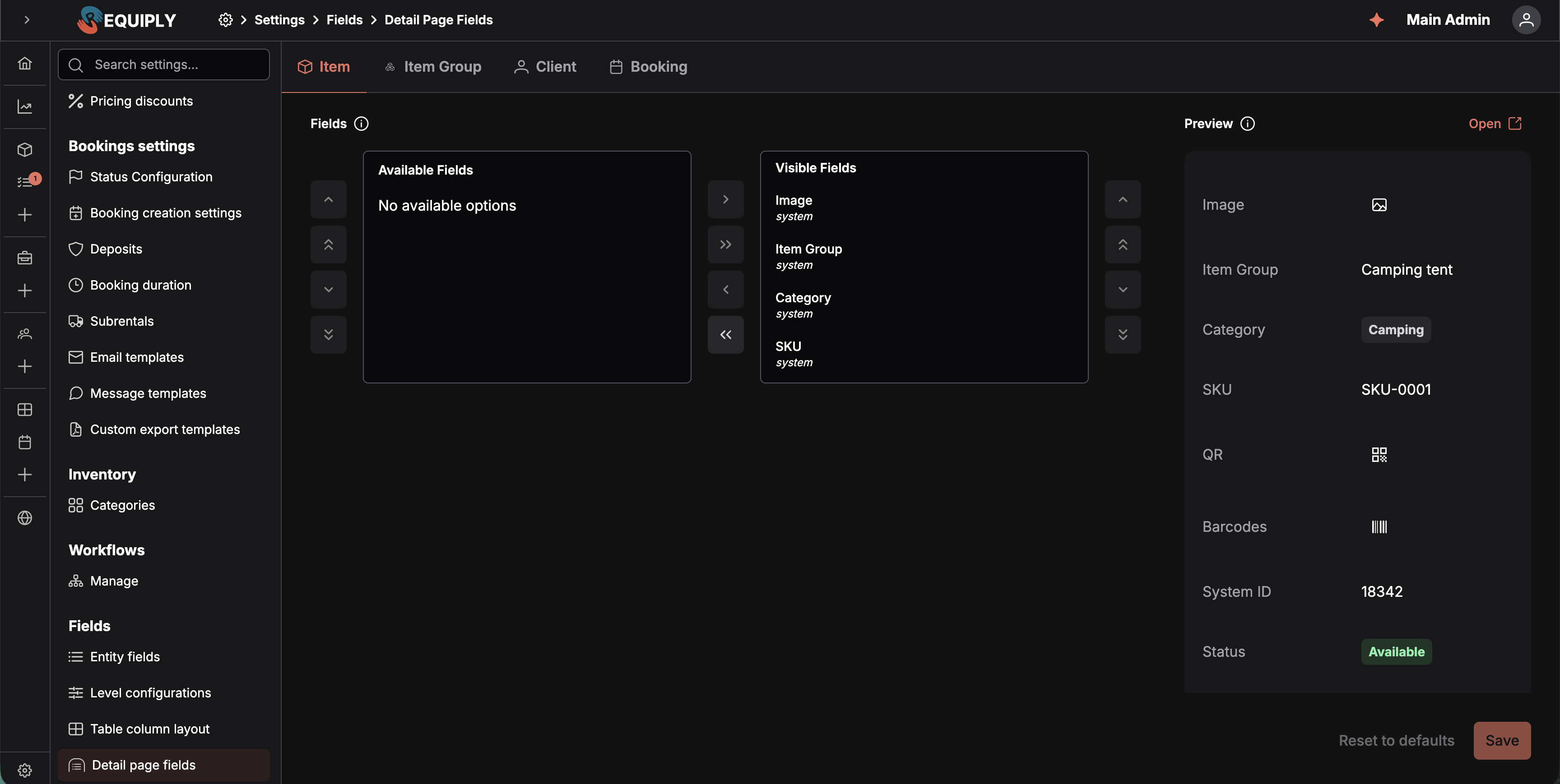 Detail page fields on the Item tab: Available and Visible field lists with reorder controls, beside a live preview of the unit page being built