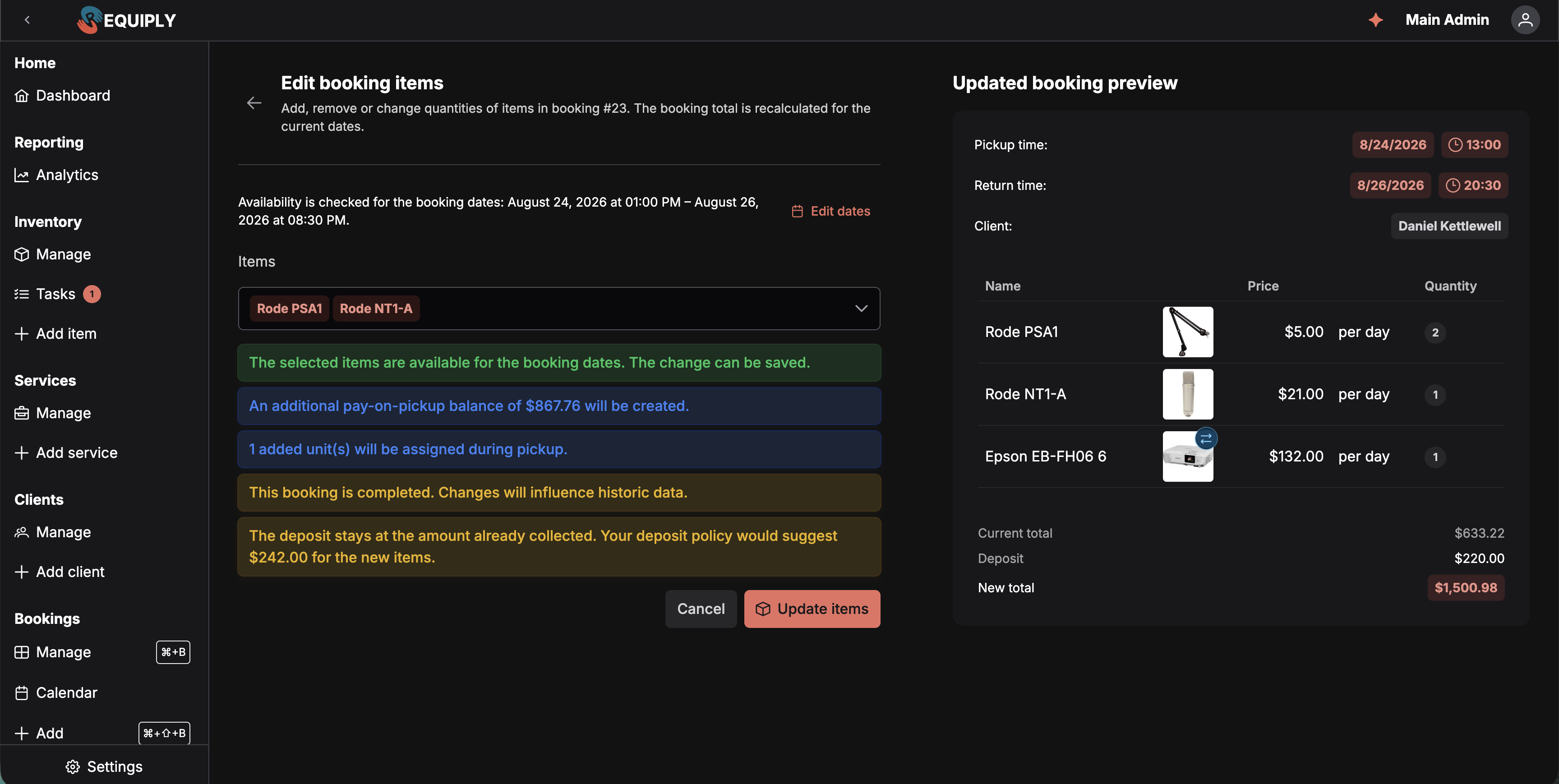 Edit booking items: a green availability message, the extra balance and pickup-assignment notices, warnings about historic data and a preserved deposit, beside the updated preview with current and new totals
