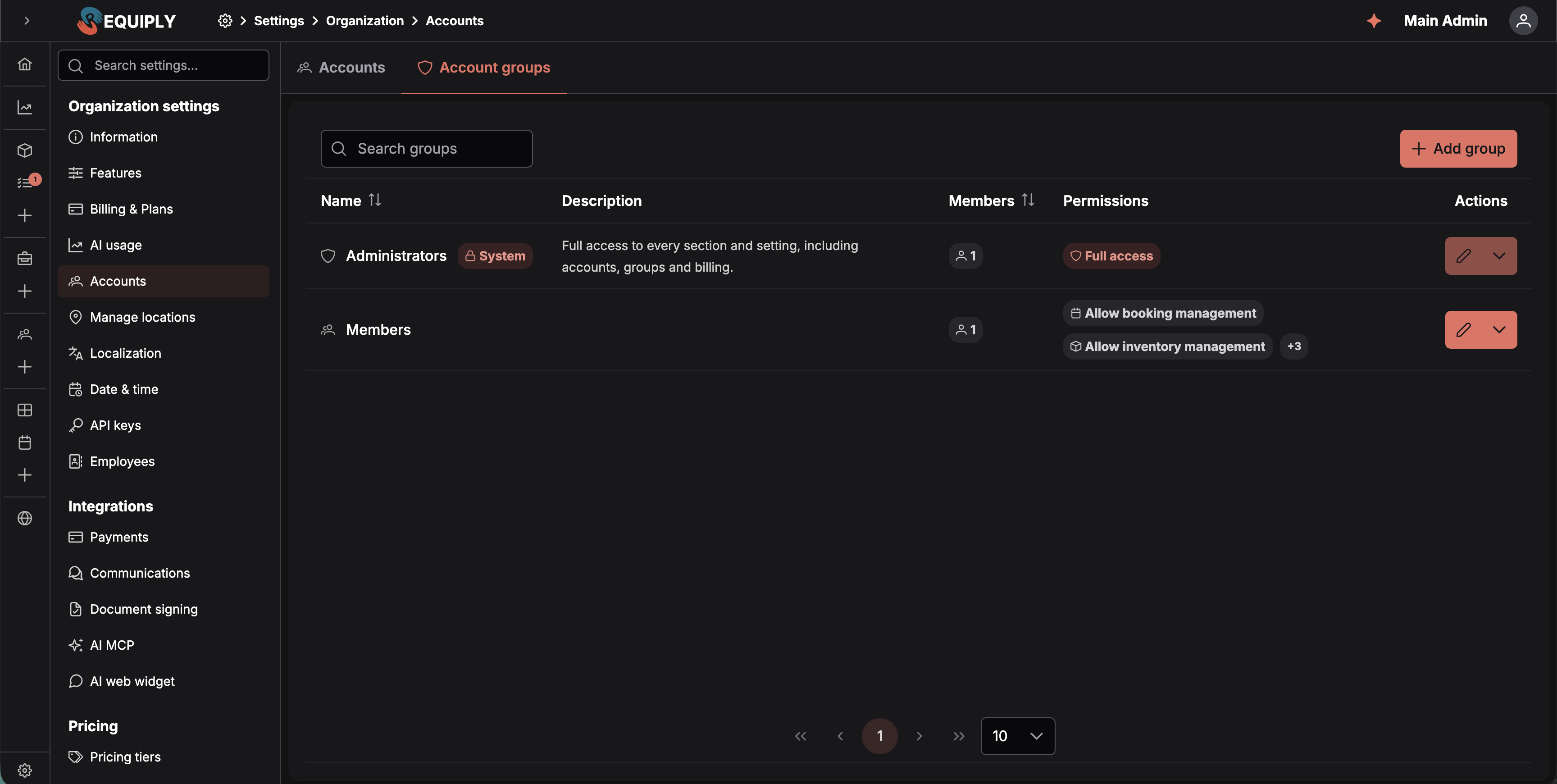 The Account groups tab: the system Administrators group with full access, and a Members group listing the permissions it grants and how many people are in it