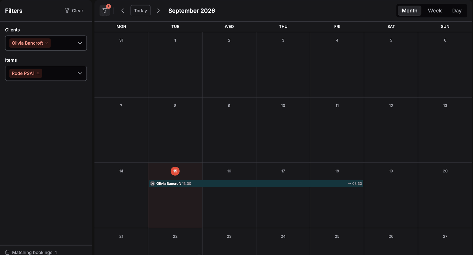 The calendar filtered to one client and one product: the Filters panel reads Matching bookings: 1, the filter button carries a badge, and a single booking bar remains in the month