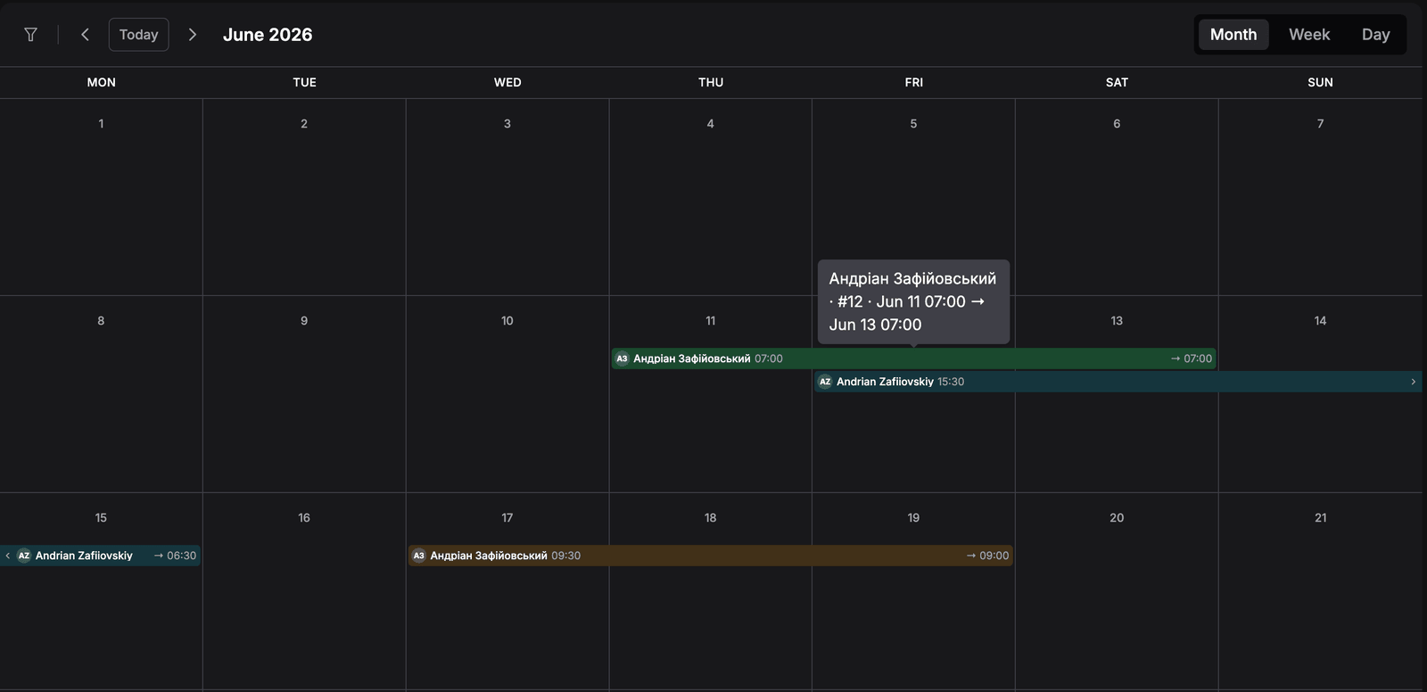 Month view of the rebuilt calendar: booking bars carrying client initials, names, pickup and return times, and a tooltip summarising booking #12 from Jun 11 07:00 to Jun 13 07:00