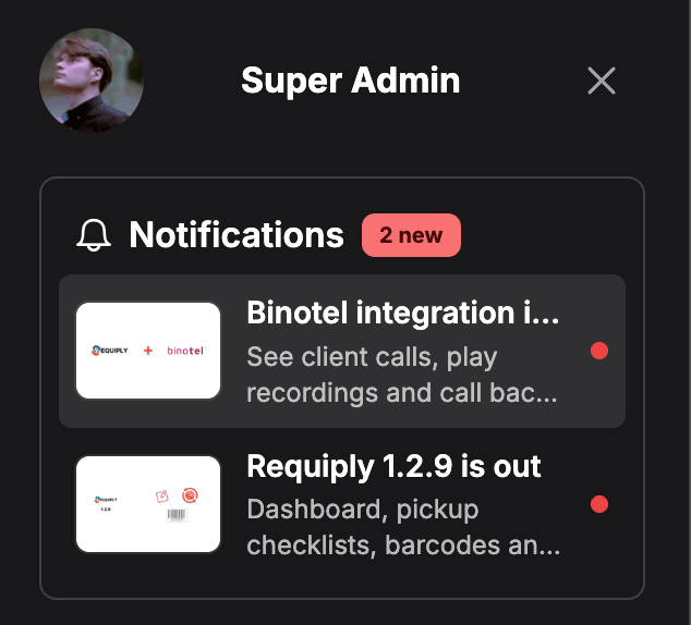 The account drawer with the Notifications card under a 2 new tag, listing two unread notifications with cover images and red dots: Binotel integration and Requiply 1.2.9 is out