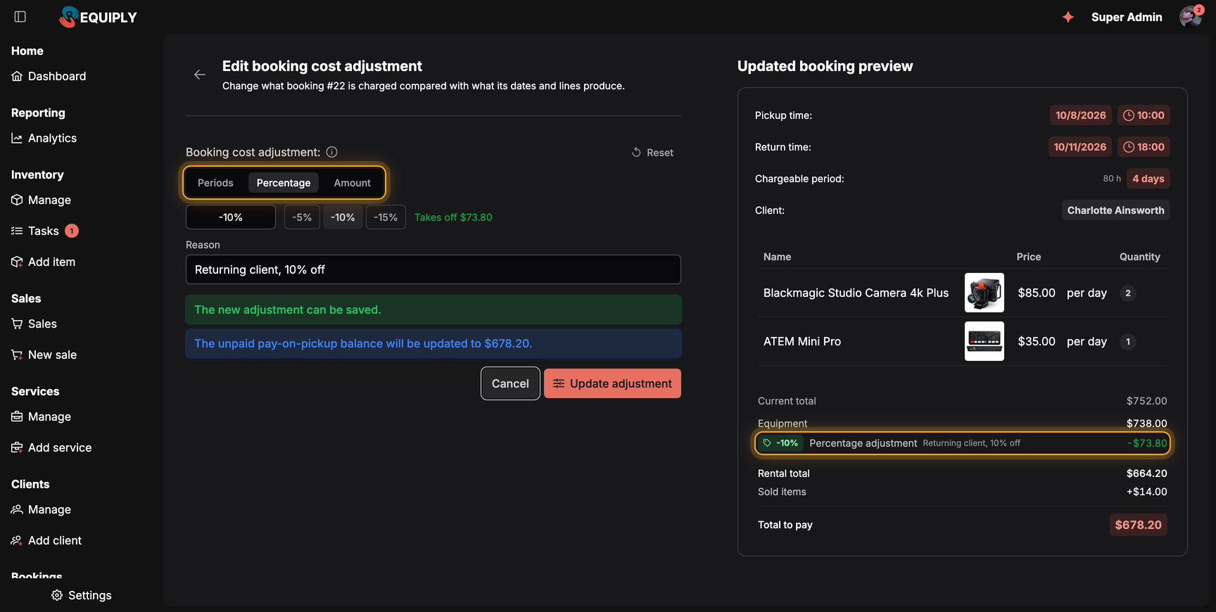 Edit booking cost adjustment for booking #22 with Percentage selected and -10%, the reason Returning client, 10% off, and the preview where the percentage adjustment takes $73.80 off