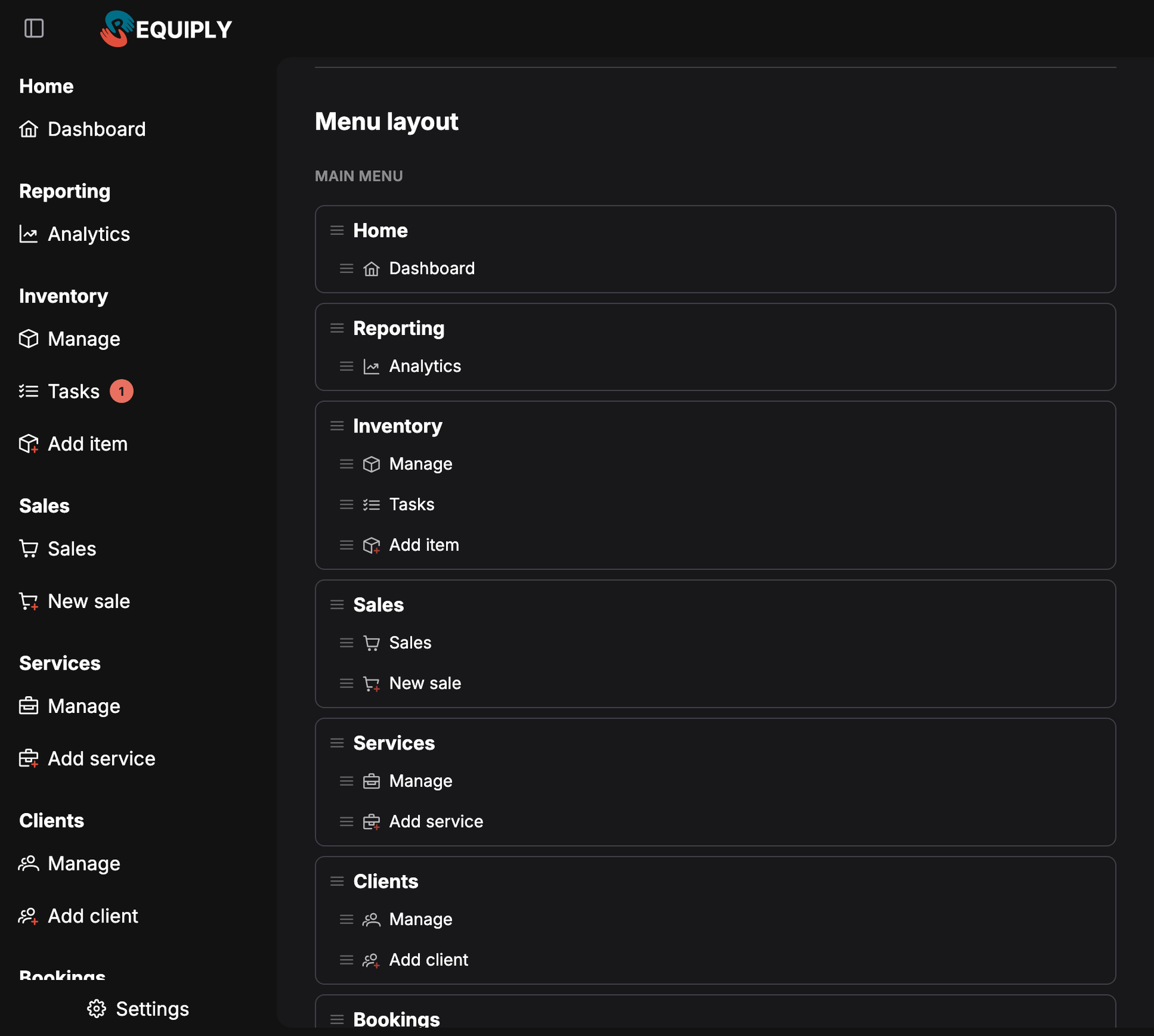 The Menu layout editor on the account page: Home, Reporting, Inventory, Sales, Services and Clients sections with drag handles, the Services section hidden