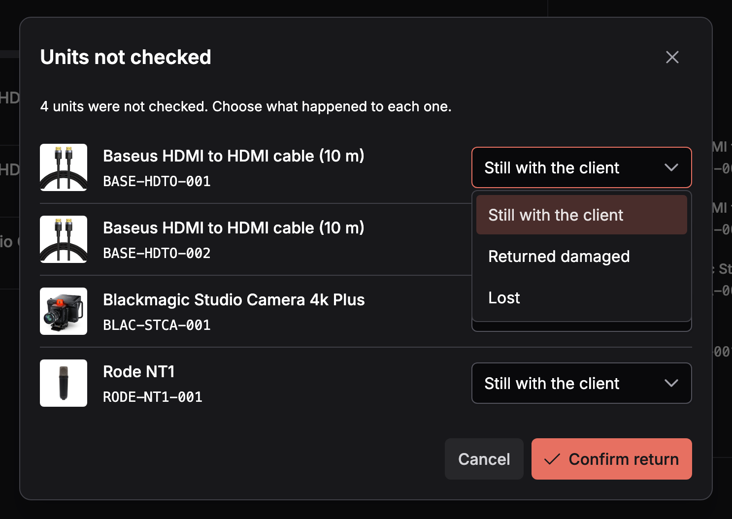 Units not checked dialog on the return checklist of booking #24: four units, each with a choice of Still with the client, Returned damaged or Lost