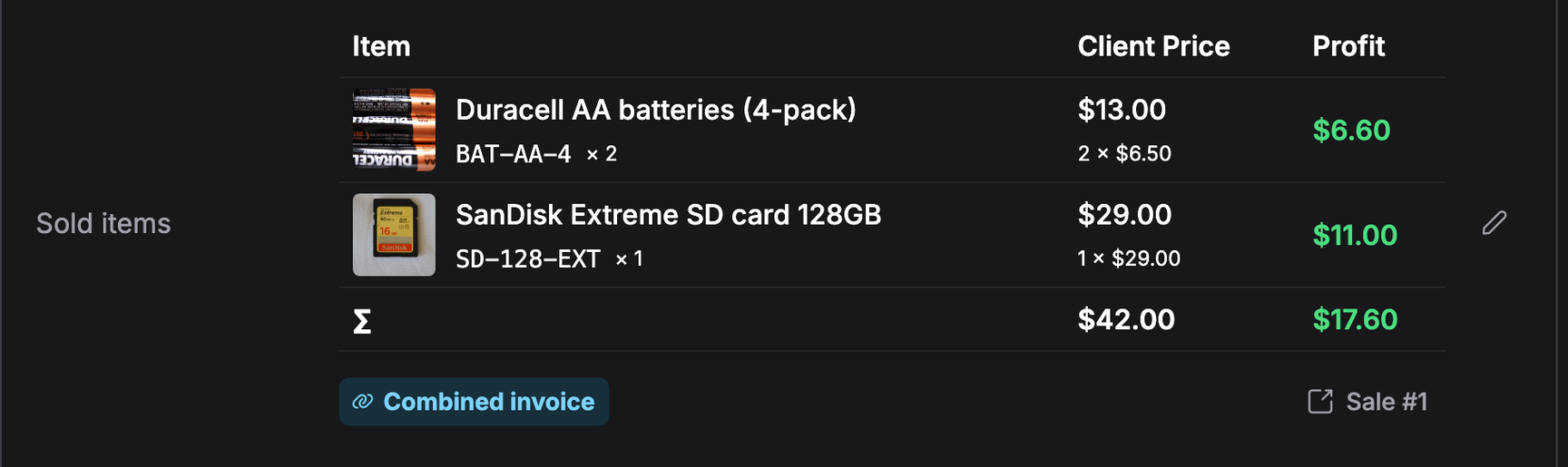The Sold items field on booking #20: batteries and an SD card with client price and profit, a Combined invoice tag and a link to Sale #1