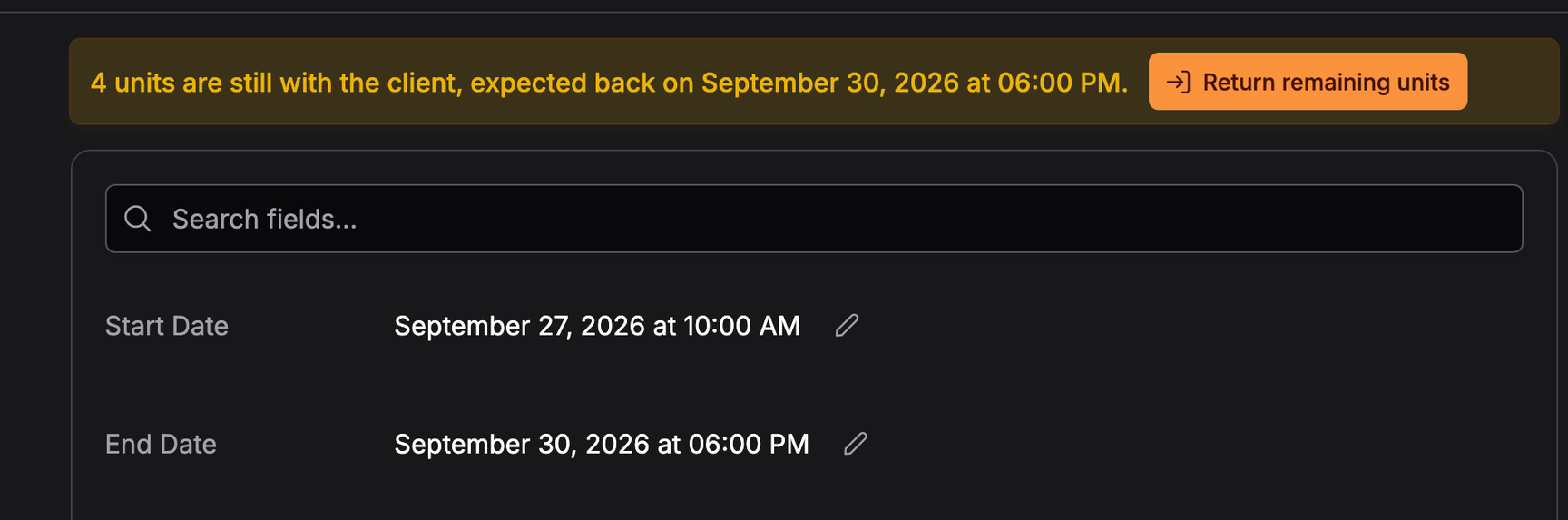 Booking #24 with the banner 4 units are still with the client, expected back on September 30 at 06:00 PM, and a Return remaining units button