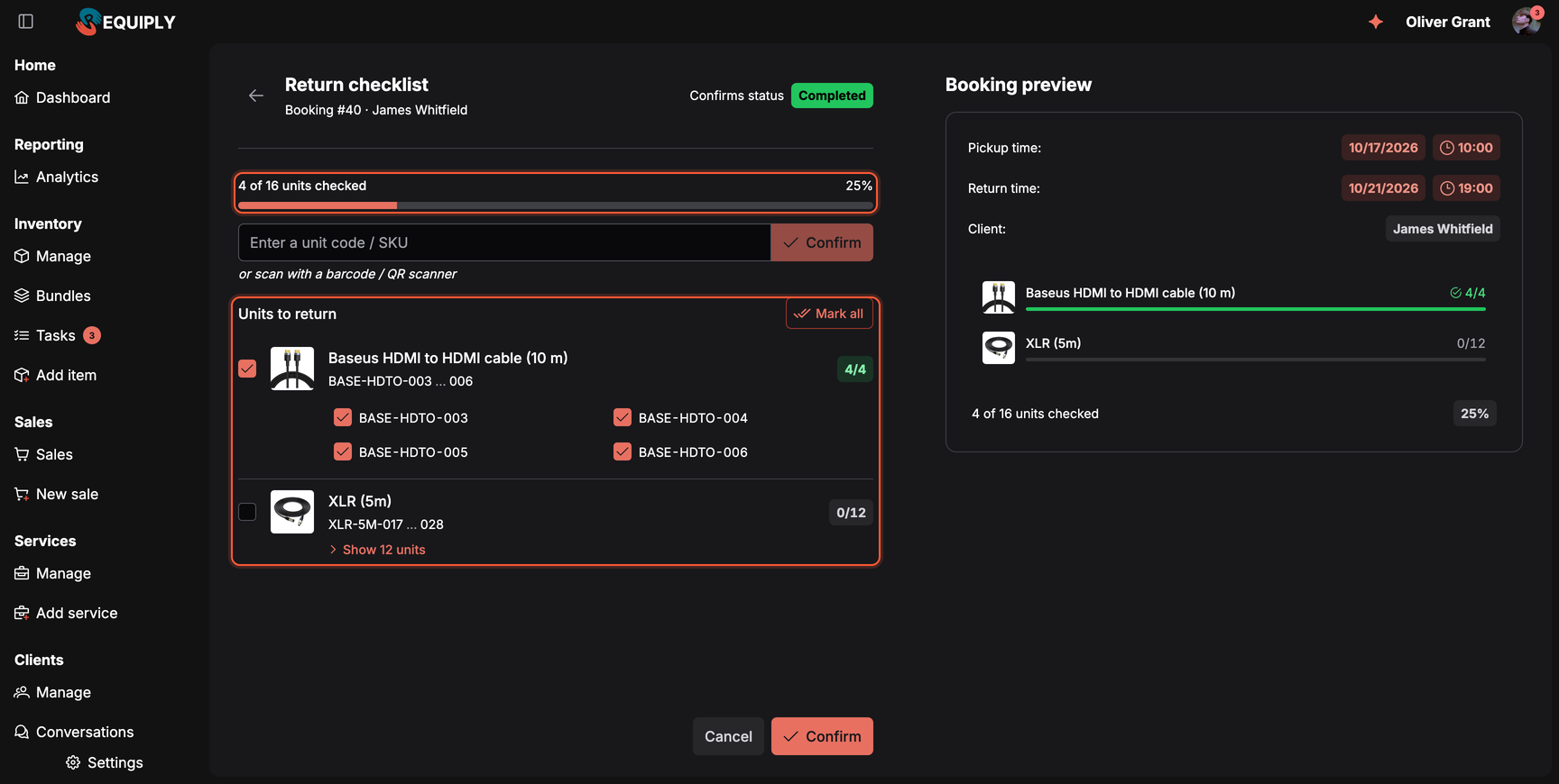 The return checklist of a booking with the progress bar, a code field for typing or scanning unit codes, and products listed one line each with their units and a Mark all button