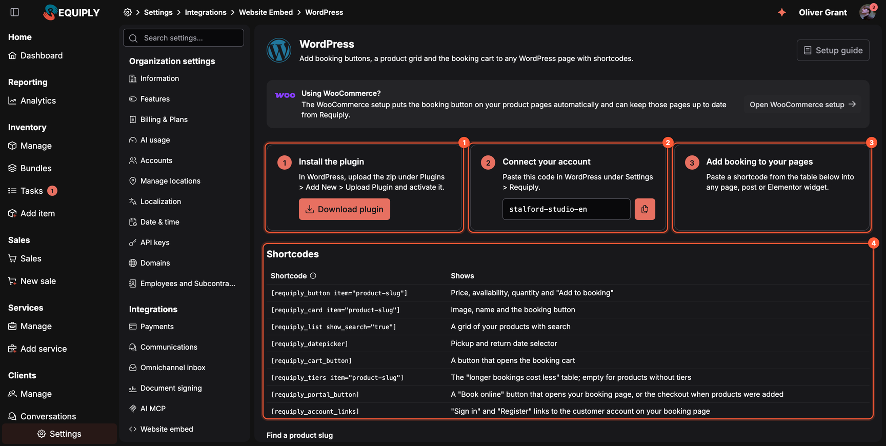 The Website embed settings for WordPress: install the plugin, connect your account with the organization code, add booking to your pages, and the list of shortcodes