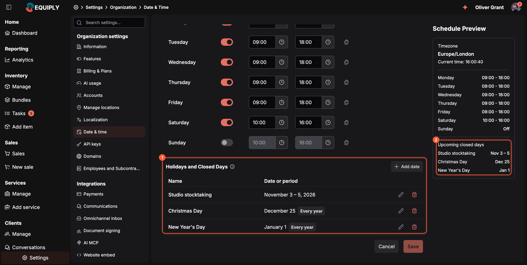 The Date & time settings with the Holidays and Closed Days table listing Christmas Day and New Year's Day every year and a one-off Studio stocktaking, and the Upcoming closed days in the schedule preview