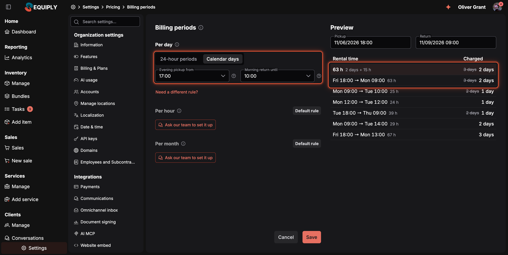 The Billing periods settings with Calendar days selected, Evening pickup from 17:00 and Morning return until 10:00, and the preview where a Friday 18:00 to Monday 09:00 rental is charged 2 days instead of 3