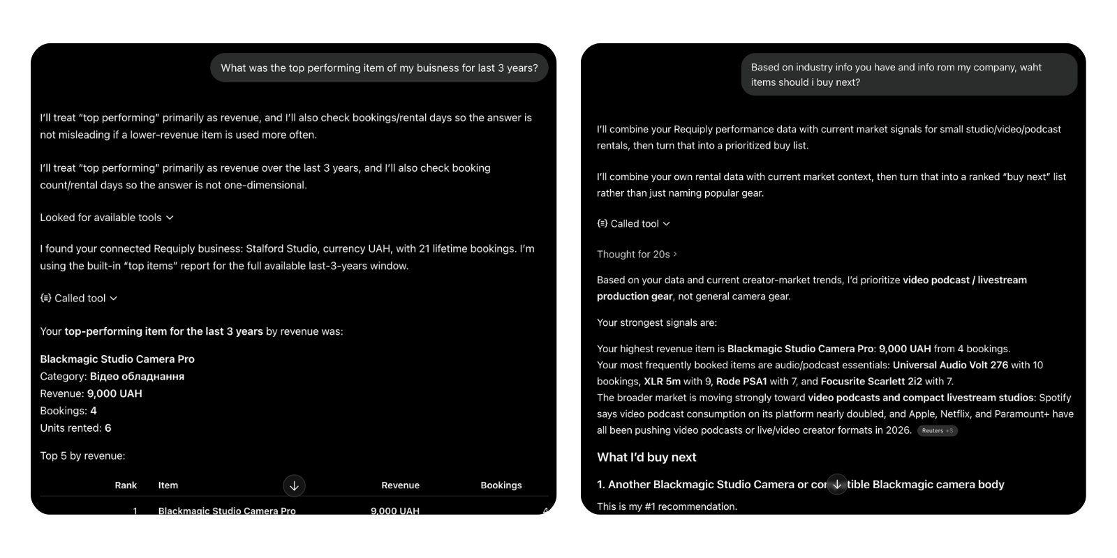 ChatGPT conversation using the Requiply MCP — top items query returning a ranked table, followed by a market-aware buy-next recommendation grounded in the live data