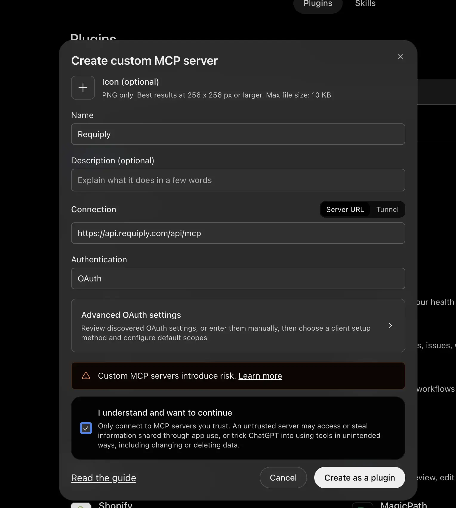 Create custom MCP server form in ChatGPT filled in with the name Requiply, the server URL https://api.requiply.com/api/mcp and OAuth authentication