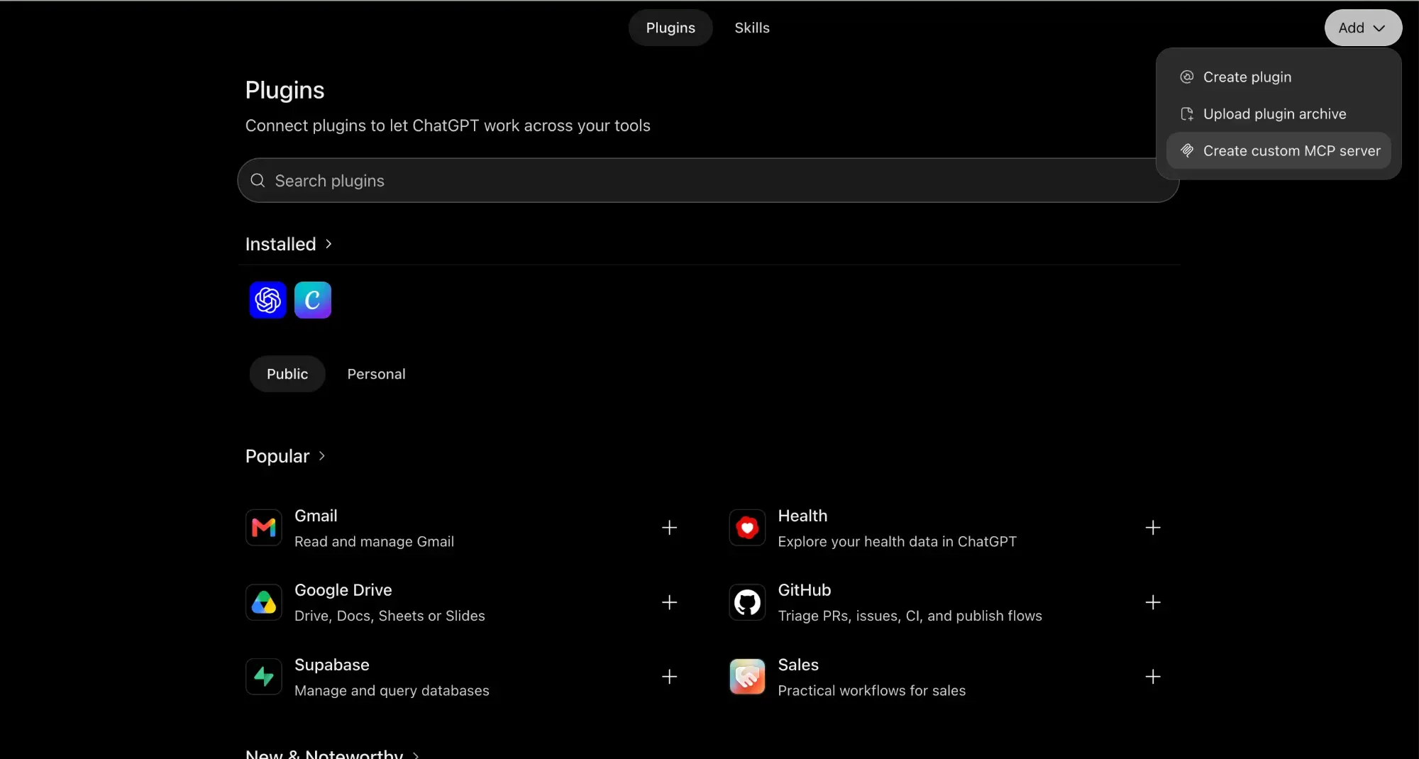 ChatGPT Plugins page with the Add menu open and Create custom MCP server highlighted