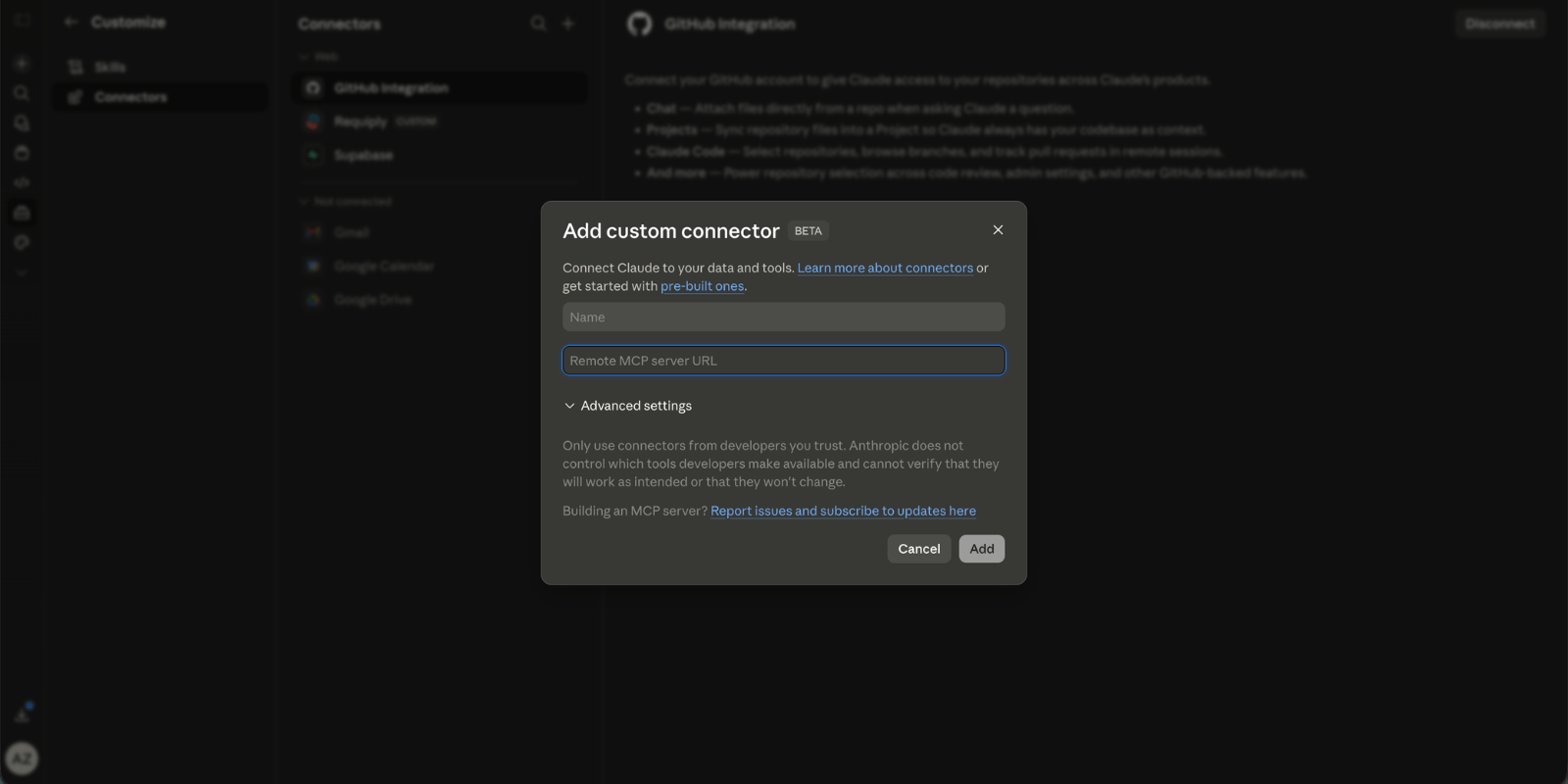 Claude Add custom connector modal with Name and Remote MCP server URL fields