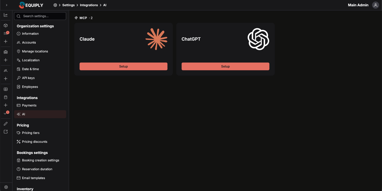 Requiply AI integrations page with MCP cards for Claude and ChatGPT
