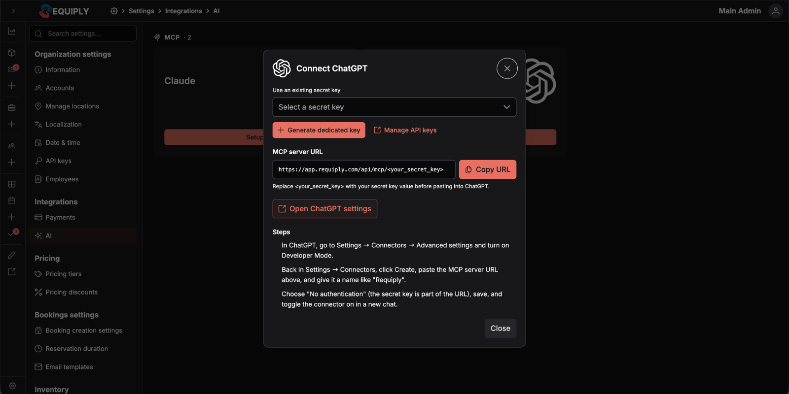Connect ChatGPT modal in Requiply with secret key selector, MCP server URL and Open ChatGPT settings link