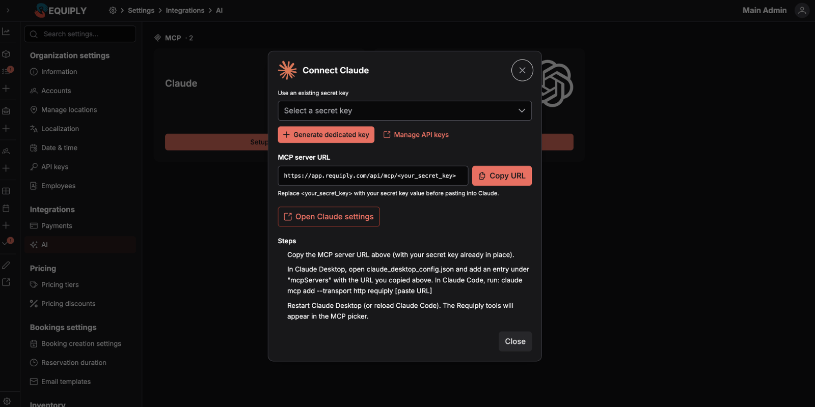 Connect Claude modal in Requiply with secret key selector, generate button, MCP server URL and Open Claude settings link