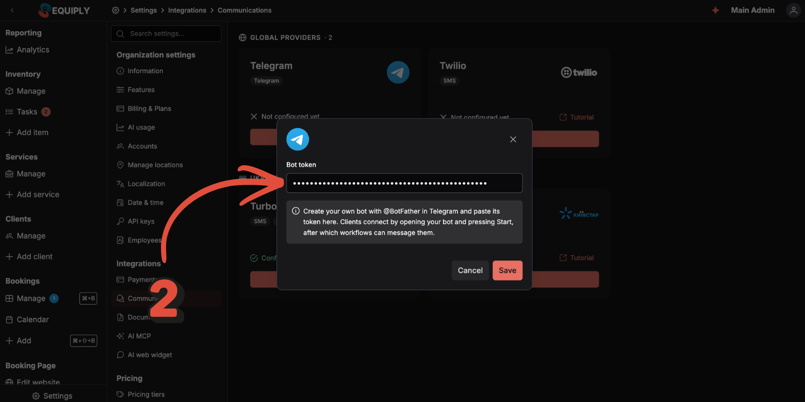 Вікно налаштування Telegram в Requiply — приховане поле «Токен бота», підказка та кнопки «Скасувати» і «Зберегти»