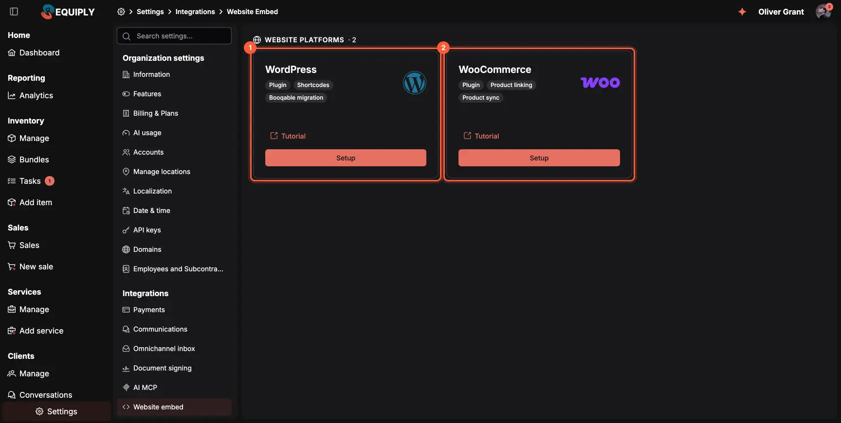 Requiply Settings, Integrations, Website embed page with the WordPress and WooCommerce cards