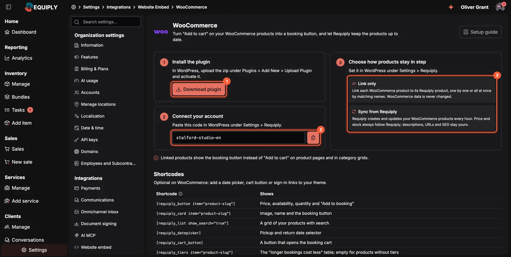 Requiply WooCommerce guide page with the Download plugin button, the organization code and the two product modes