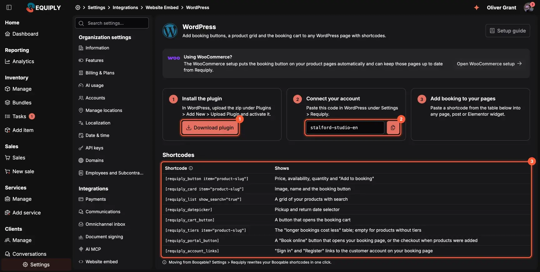 Requiply WordPress setup page with the Download plugin button, the organization code and the shortcode table