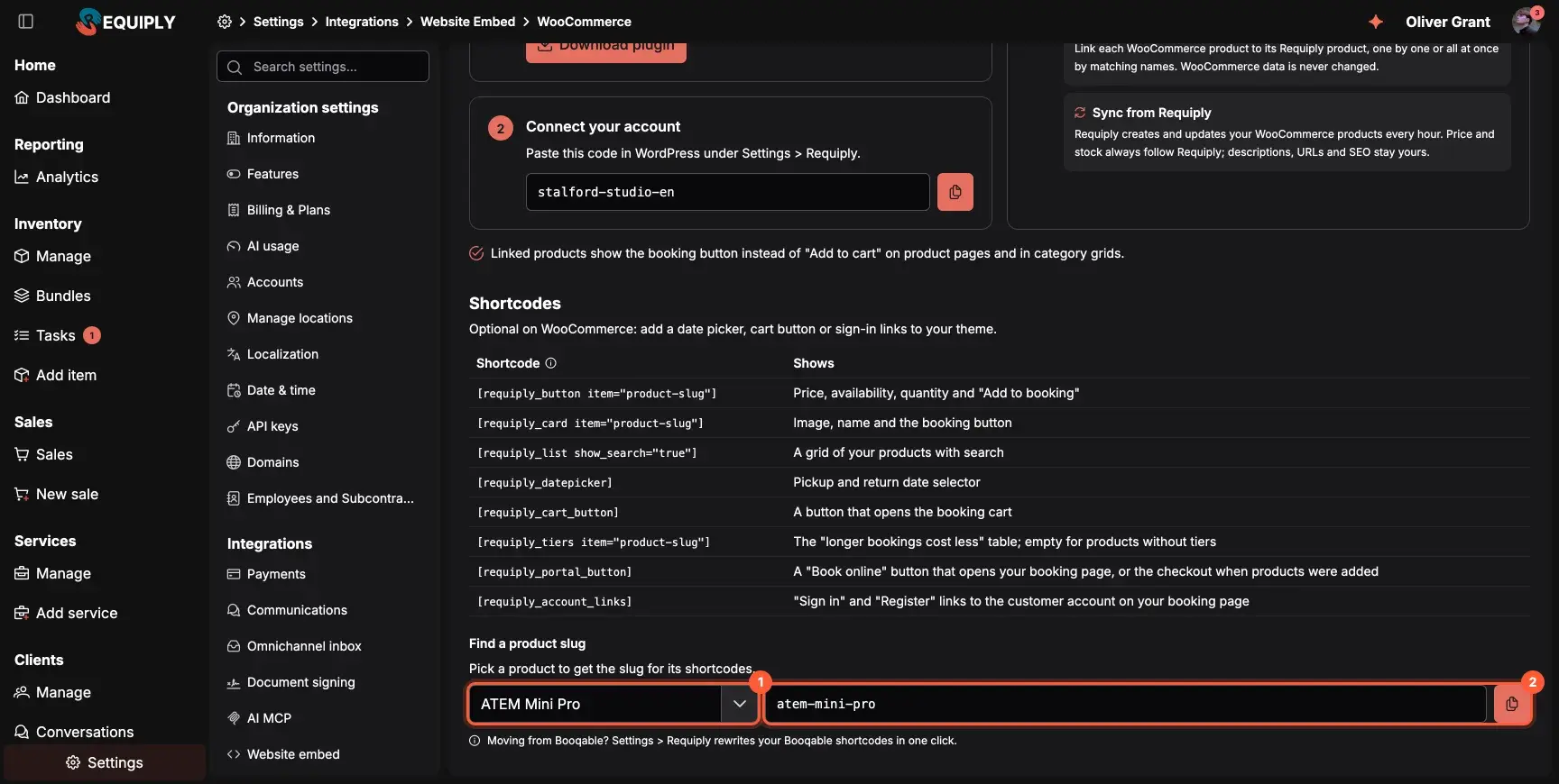 The Find a product slug lookup on the Requiply WooCommerce setup page, with a product picked and its slug ready to copy