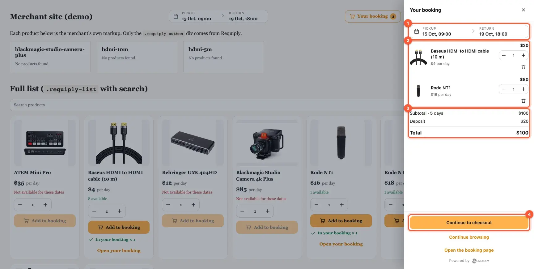 The Requiply booking cart drawer with the rental period, two items, subtotal, deposit, total and Continue to checkout