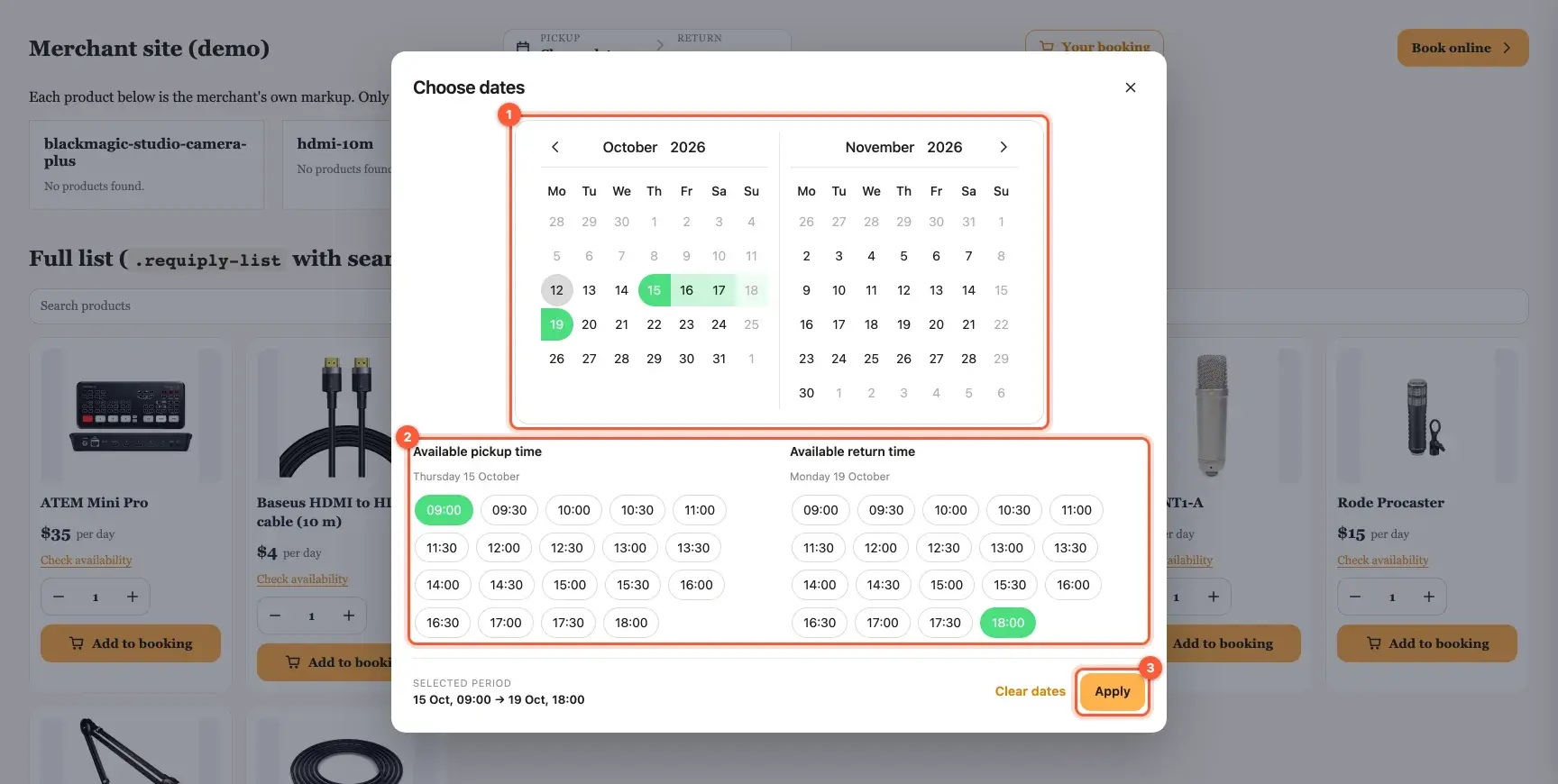 The Requiply date picker on a website with a two-month calendar, pickup and return time pills and an Apply button