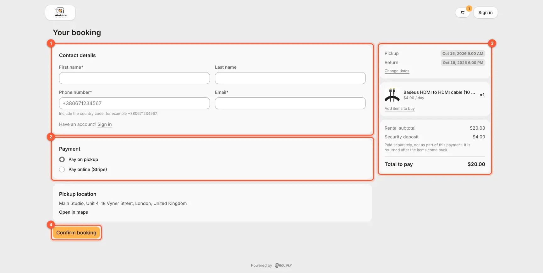 Checkout on the Requiply booking page with contact details, payment method, booking summary and Confirm booking