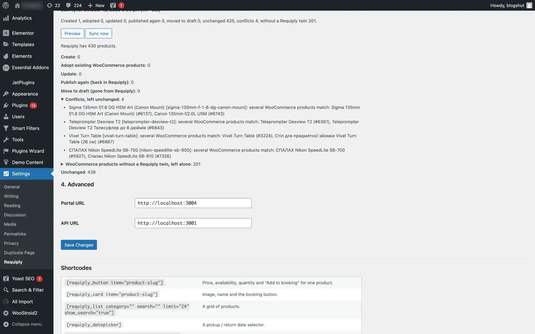 Sync preview listing created, adopted, updated and drafted products, the conflicts left unchanged and WooCommerce products without a Requiply twin
