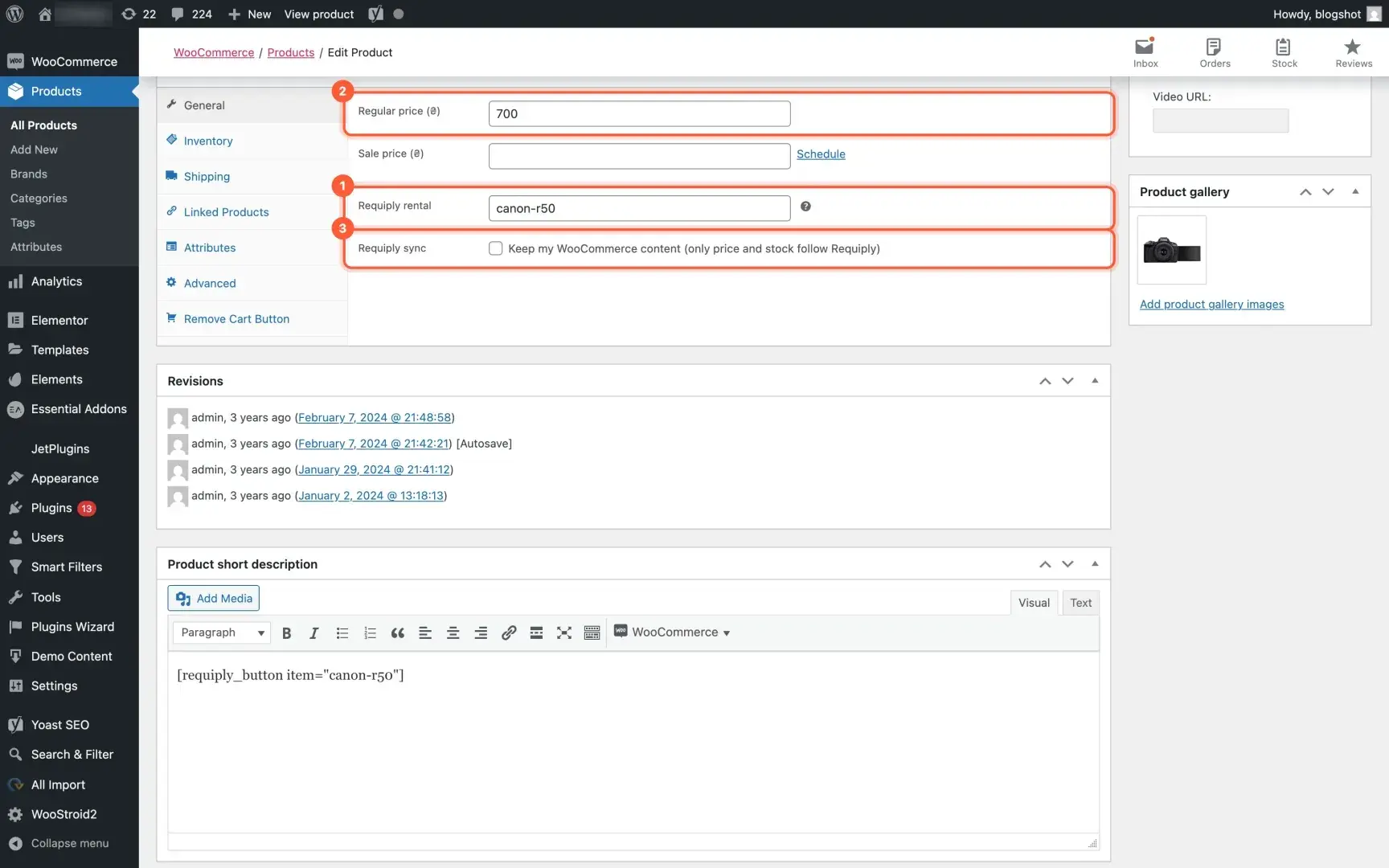 WooCommerce product edit screen, General tab, with the Requiply rental field, the price and the Keep my WooCommerce content checkbox