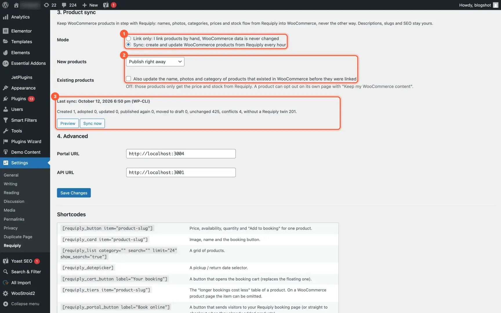 WordPress Settings, Requiply, Product sync section with the mode, new and existing product options and the last sync with Preview and Sync now buttons