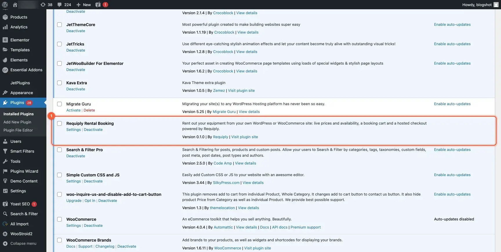 WordPress Plugins list with Requiply Rental Booking installed and active