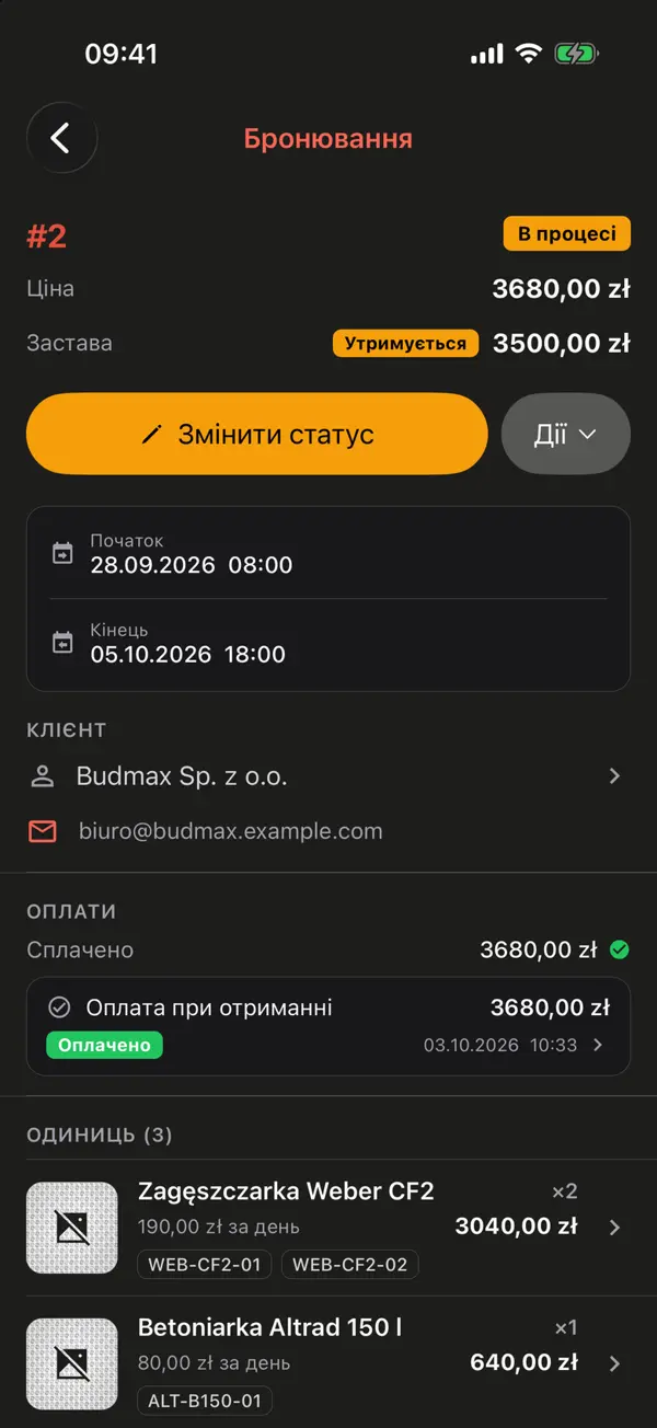 Список бронювань прокату інструменту в Кракові українською: статуси, дати, польські та українські клієнти, оплати через Stripe і на місці, суми та застави в злотих