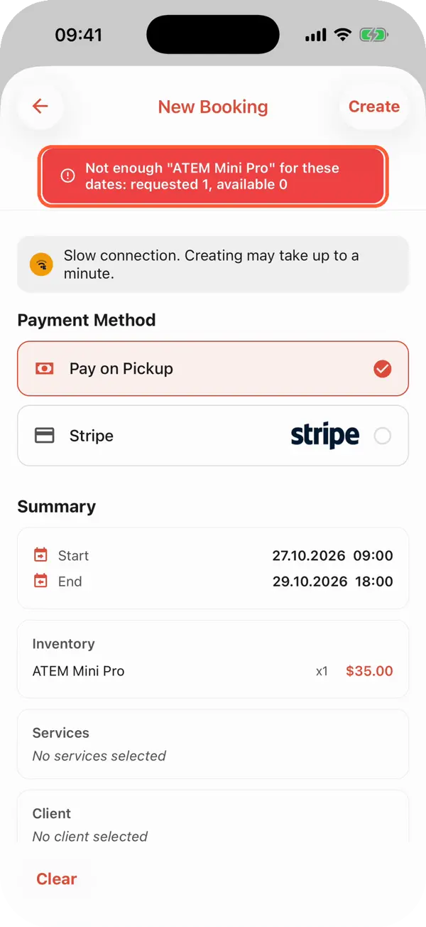 Requiply refuses a booking on a slow connection: Not enough ATEM Mini Pro for these dates, requested 1, available 0