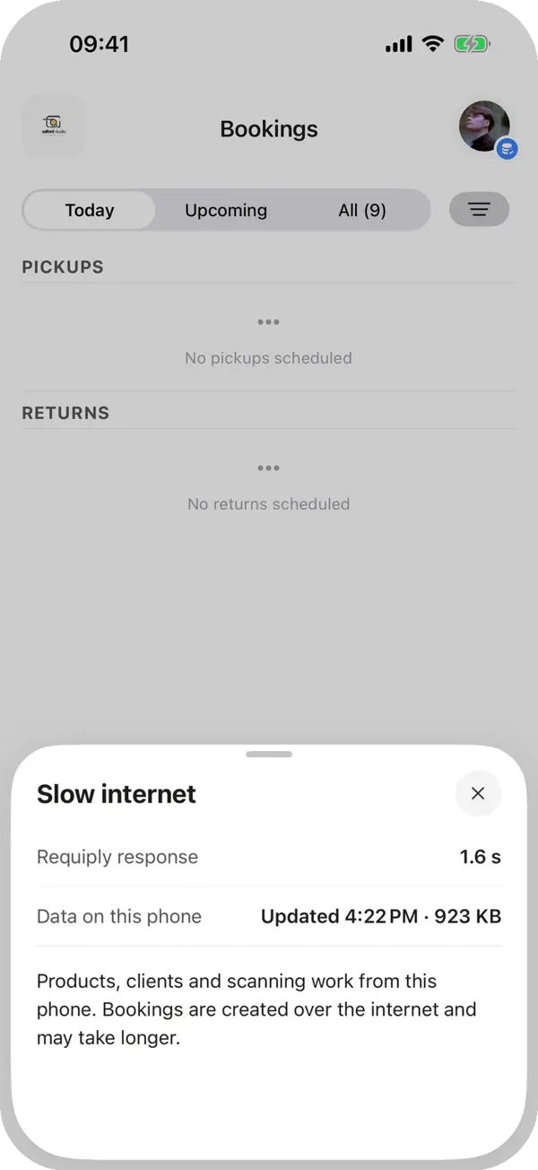 Slow internet sheet in Requiply: Requiply response 1.6 s, data on this phone updated at 4:22 PM, 923 KB, products, clients and scanning work from this phone