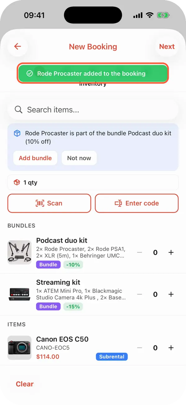 New booking with no connection: a unit code was entered and the message says Rode Procaster added to the booking