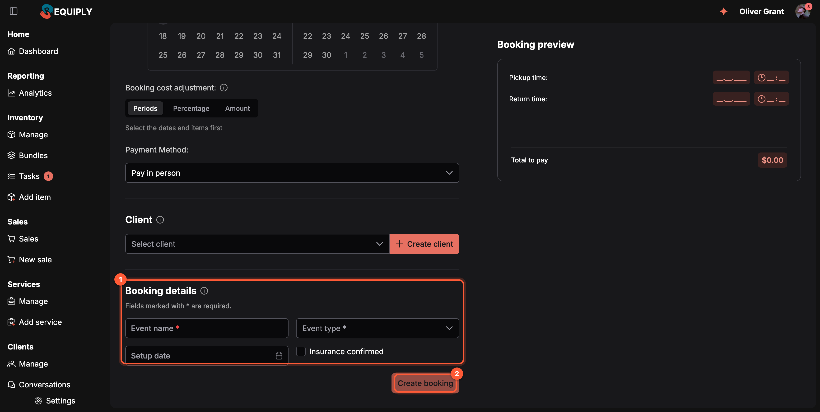 The lower part of Add booking: Payment Method, the Client select with Create client, then a highlighted Booking details section (box 1) with the hint Fields marked with * are required, the fields Event name * and Event type * (required), Setup date and an Insurance confirmed checkbox. Box 2 marks the Create booking button, still disabled
