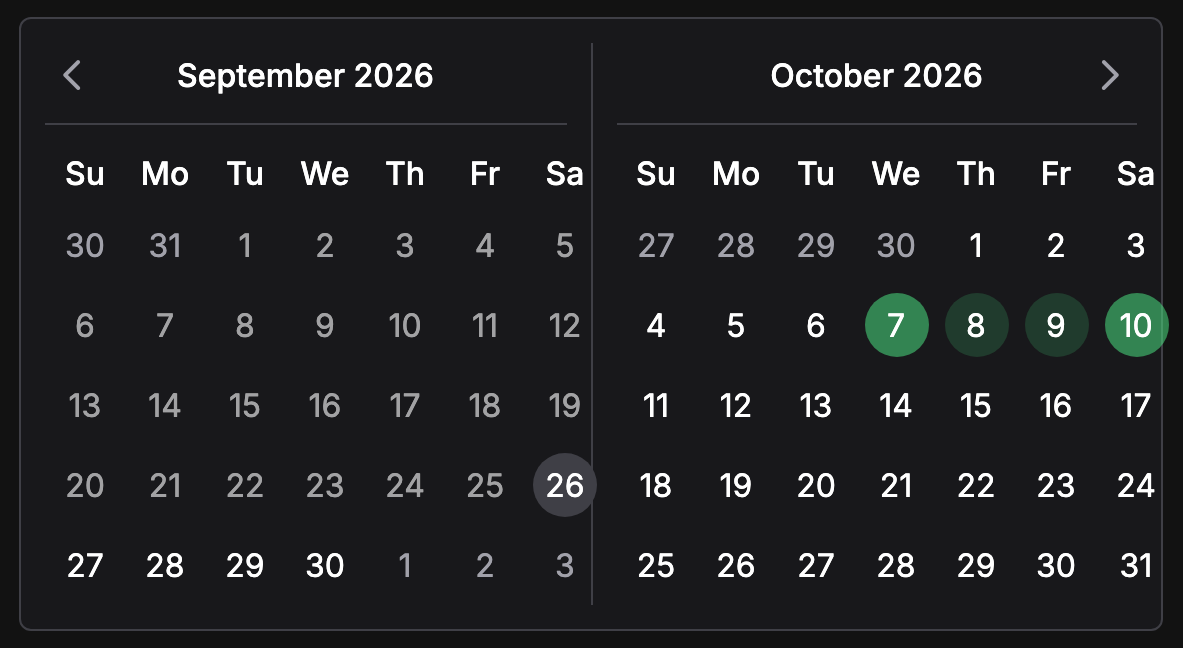 The two-month booking calendar for September and October 2026. October 7 is selected in solid green, October 8 and 9 are shaded a lighter green, and October 10, under the mouse, is solid green again, showing the range a click would select. Today, September 26, is outlined